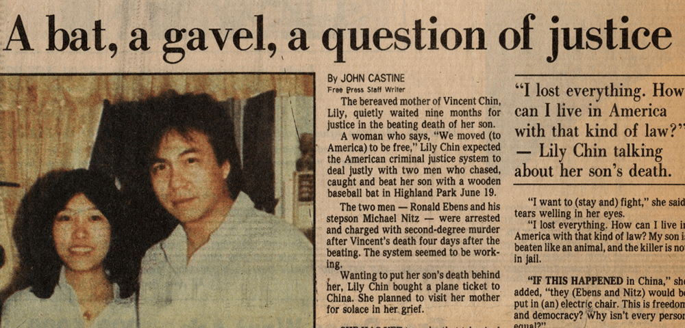 A photo of a newspaper clipping about the Vincent Chin Case. The title reads, "A bat, a gavel, a question of justice." Courtesy of the collections of Helen Zia and the Vincent and Lily Chin Estate. 